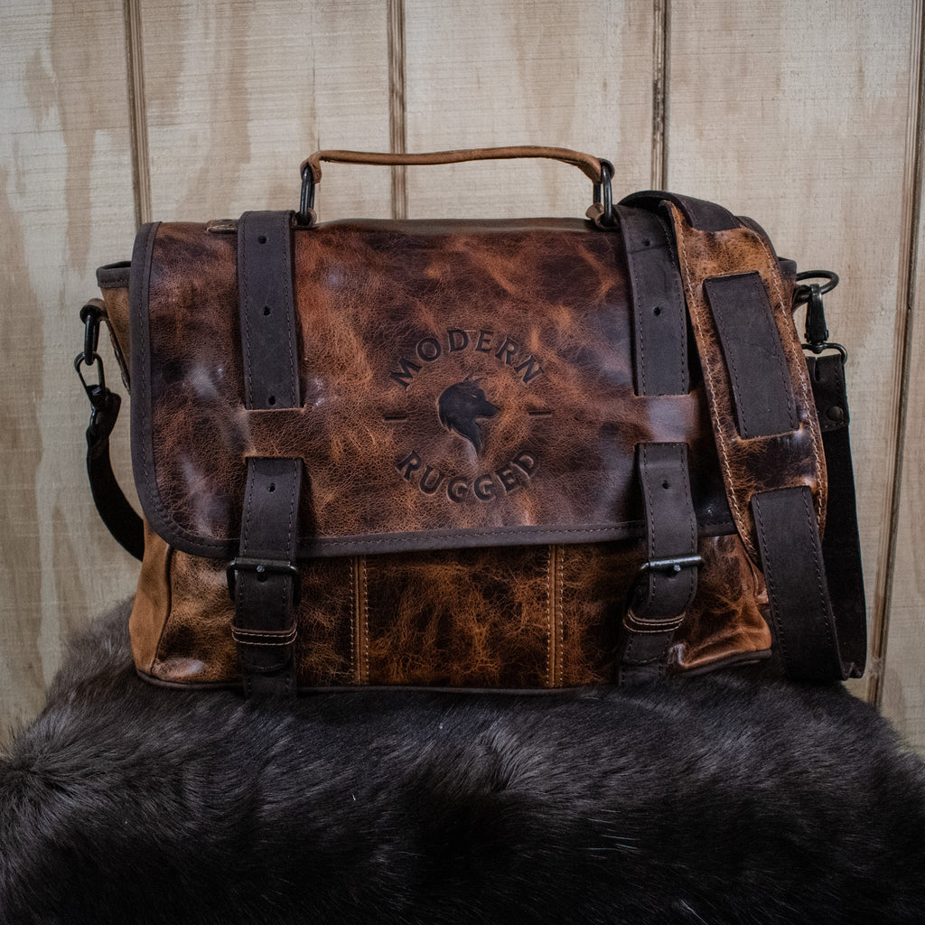 Leather Hide Laptop Bag - Rustic Chestnut and Dark Brown (Buckles)
