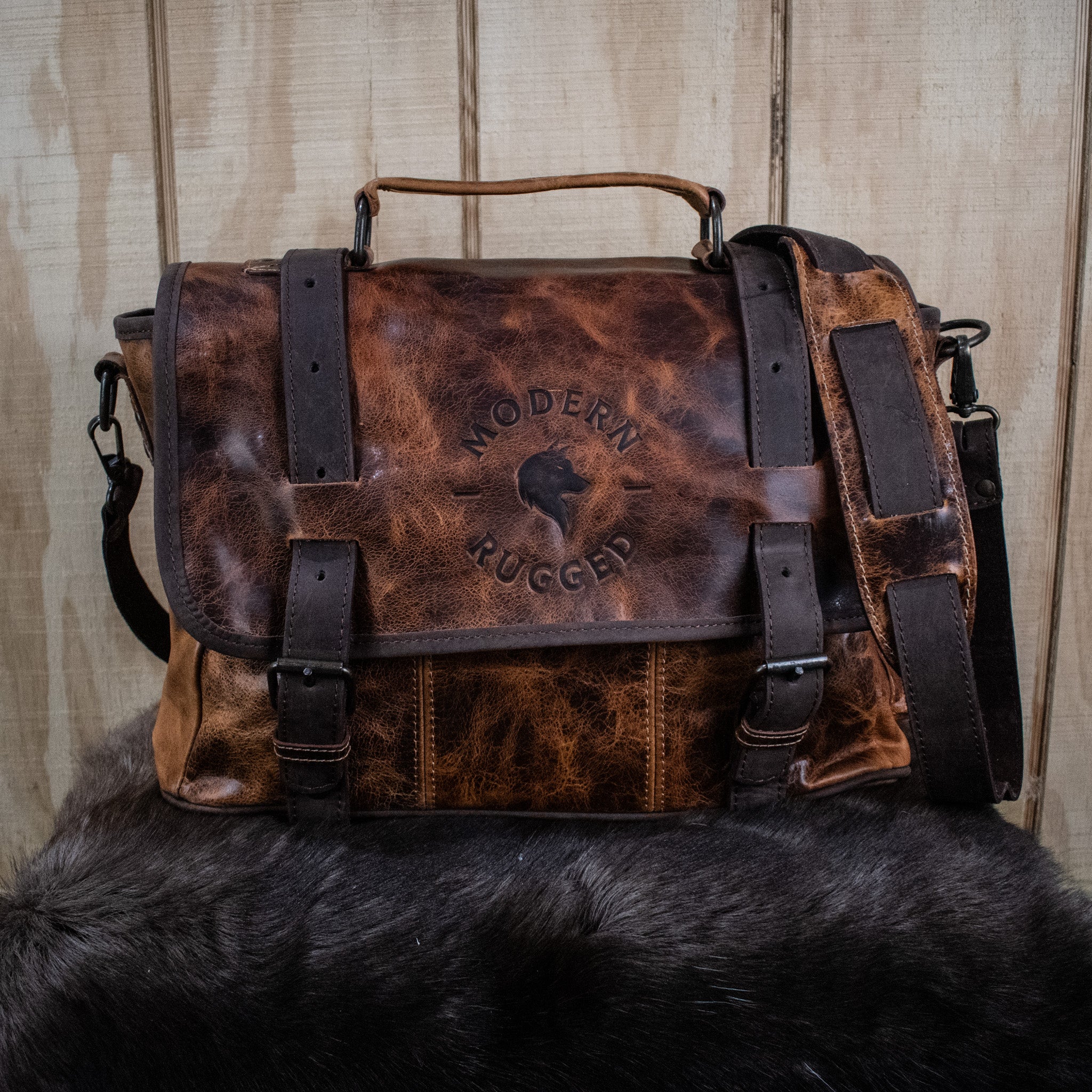 Leather Hide Laptop Bag - Rustic Chestnut and Dark Brown (Buckles)