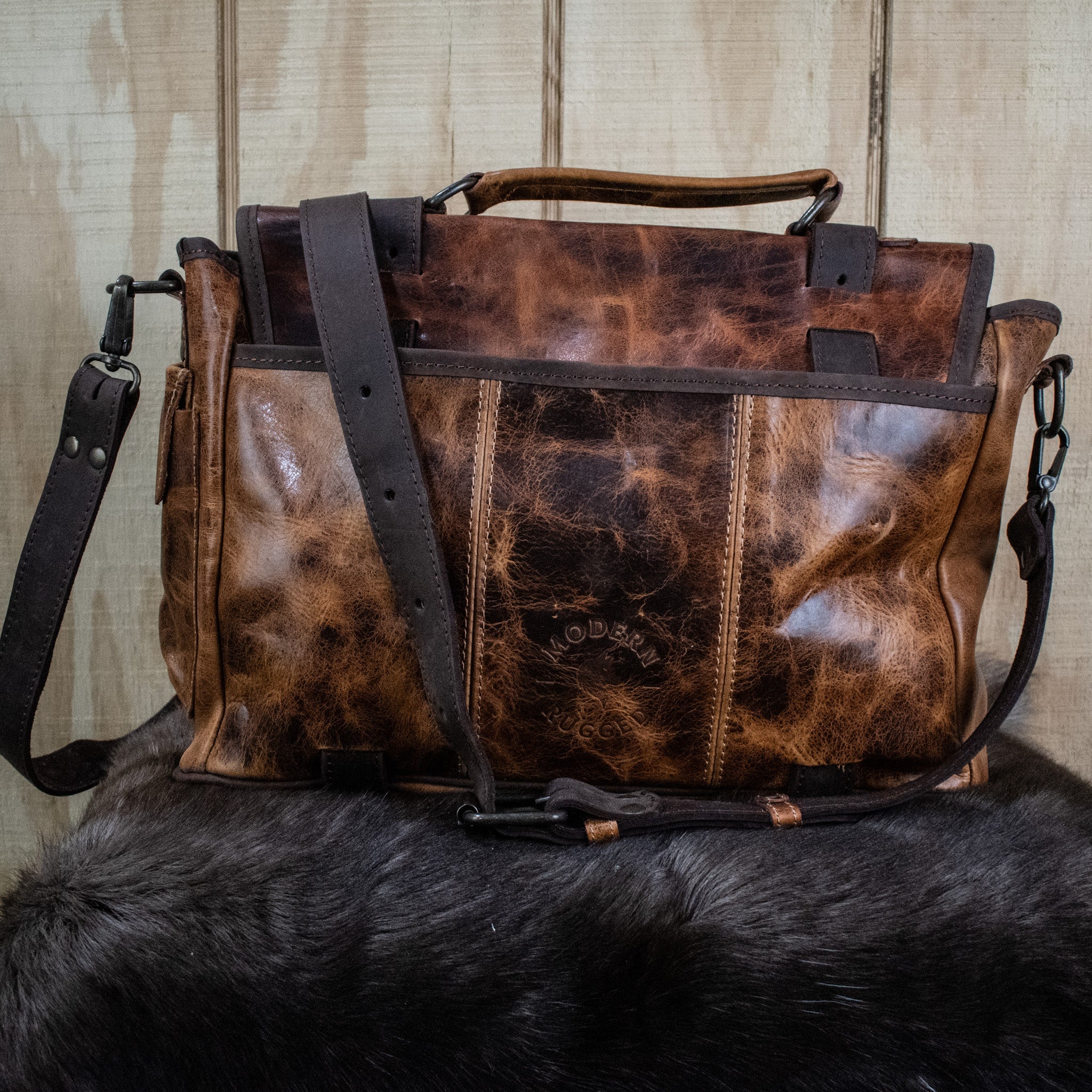 Leather Hide Laptop Bag - Rustic Chestnut and Dark Brown (Buckles)